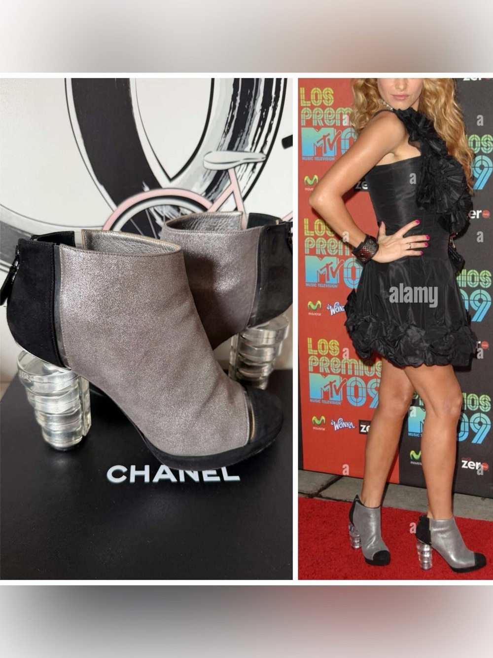 CHANEL Silver Metallic CC Logo Ankle Booties Lucite Desks Hills